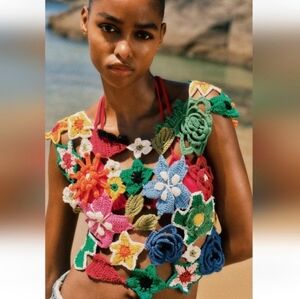 ZARA Colorful Crocheted Floral Open Knit Statement Top In XS/S NWT, RARE
